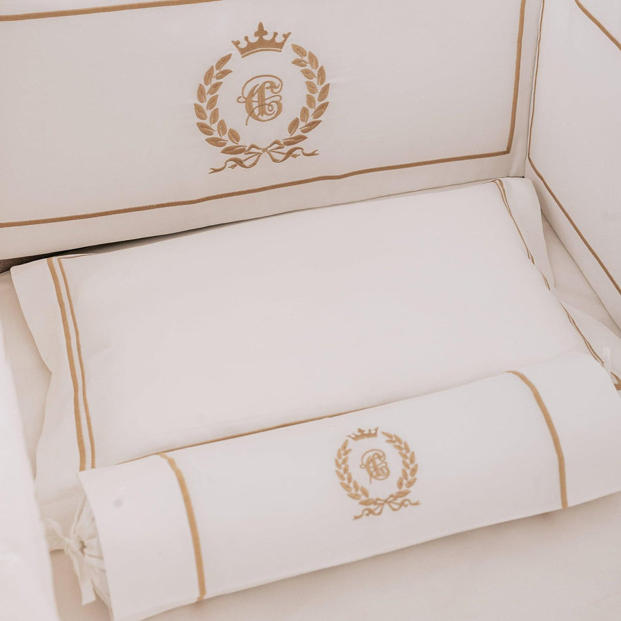 Royal White Egyptian cotton pillow and bolsters styled in a cot