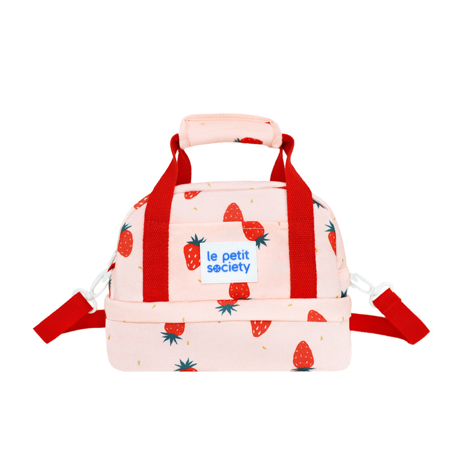 Kids Thermal Lunch Bag in Strawberry Print with Red Strap