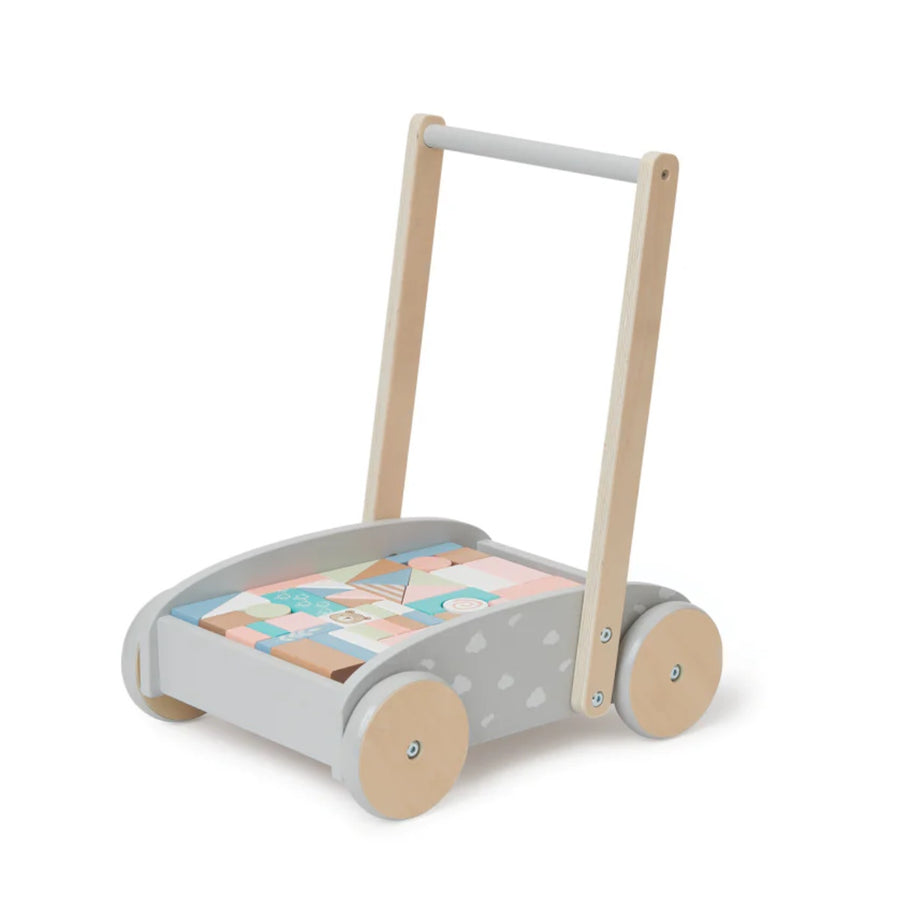 Bubble Wooden Baby Push Cart & Walker With 45 Building Blocks