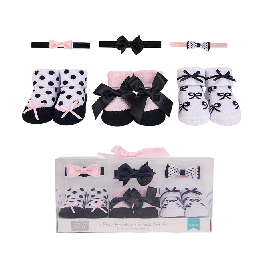 Hudson Baby 6 Piece Headband & Sock Gift Set- Black Ribbons