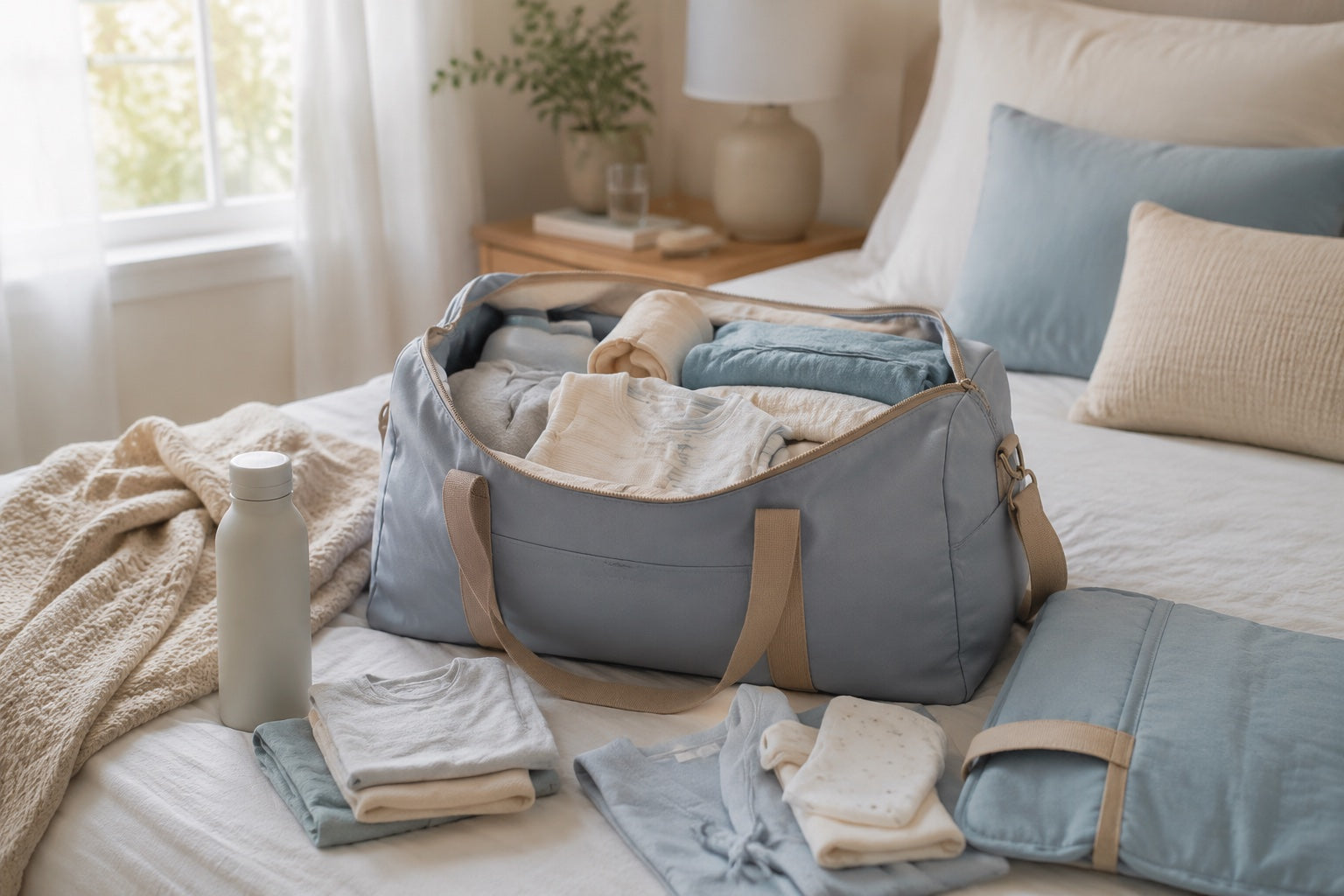 Newborn essentials laid out on a bed, including muslin swaddles and sleepsuits