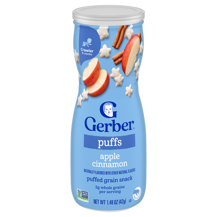 Gerber Puffs Apple Cinnamon 1.48 oz (42 g) canister, front of pack showing Crawler 8+ months
