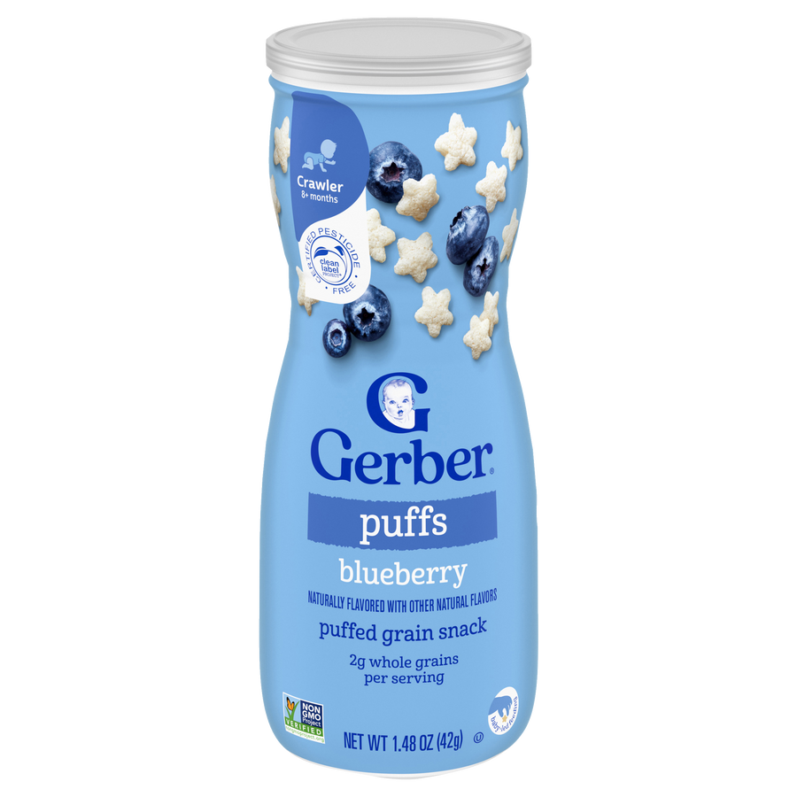 Gerber Puffs Blueberry 1.48 oz (42 g) canister, front of pack showing Crawler 8+ months