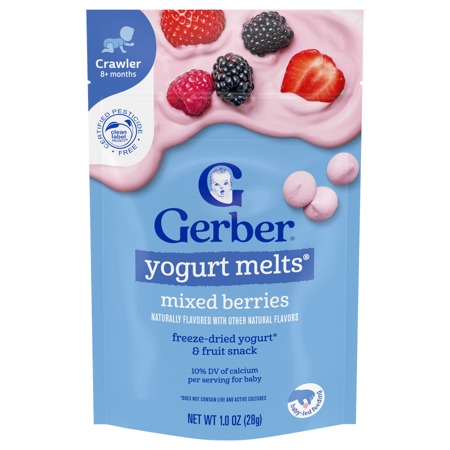 Gerber Yogurt Melts Mixed Berries 1.0 oz (28 g) pouch, front of pack showing Crawler 8+ months