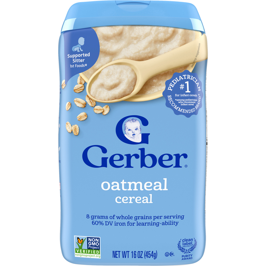 Gerber Oatmeal Single Grain Cereal 16 oz (454 g) container, front of pack showing Supported Sitter 1st Foods