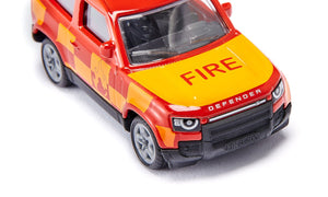 Land Rover Defender Fire Brigade Siku die-cast model, close-up detail