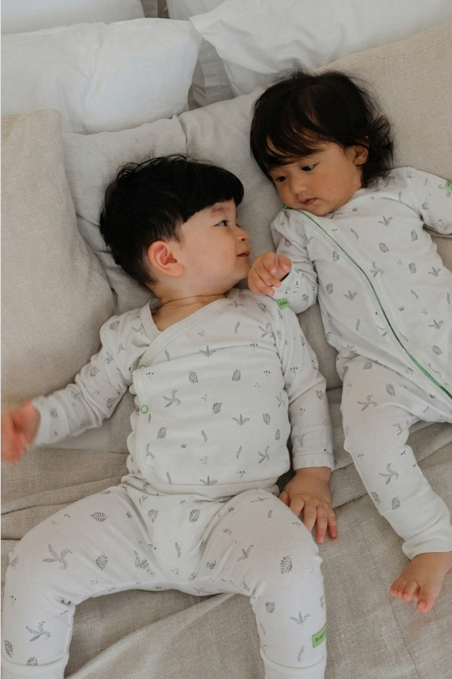 Hamako Tencel Long Kimono Set in Willow — wrap-front baby top and pants