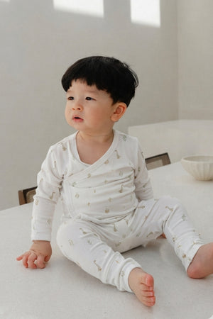 Hamako Tencel Long Kimono Set in Nest — wrap-front baby top and pants
