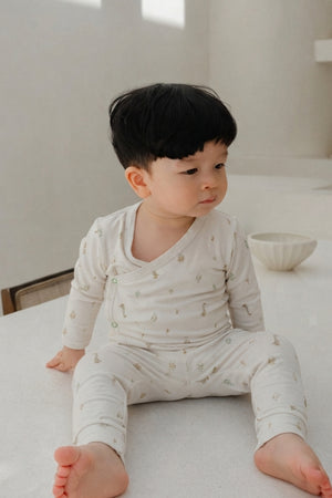 Hamako Tencel Long Kimono Set in Nest — wrap-front baby top and pants