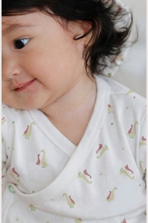 Hamako Tencel Long Kimono Set in Rose Goose — wrap-front baby top and pants
