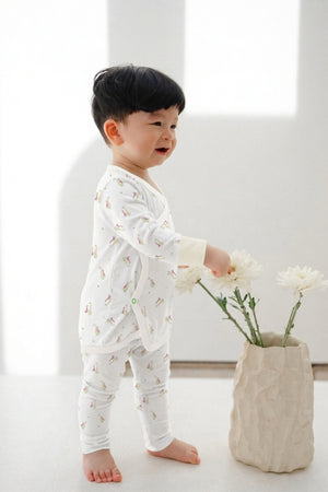 Hamako Tencel Long Kimono Set in Rose Goose — wrap-front baby top and pants