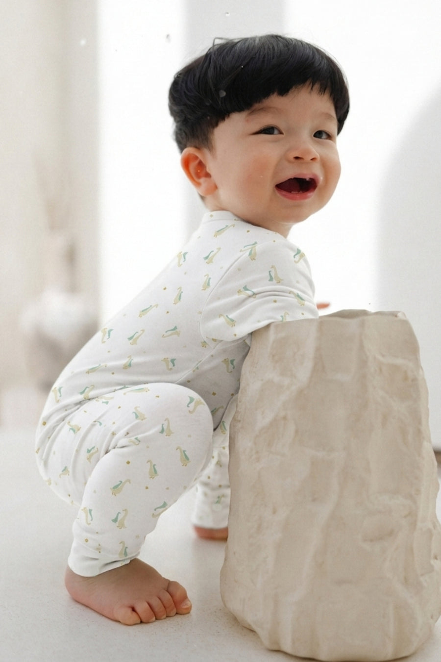 Hamako Tencel Long Kimono Set in Aqua Goose — wrap-front baby top and pants