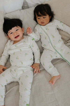 Hamako Tencel Long Kimono Set in Aqua Goose — wrap-front baby top and pants