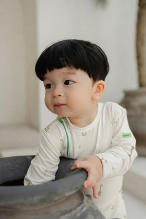 Hamako Tencel Jippa Suit in Nest — zip-front baby sleepsuit