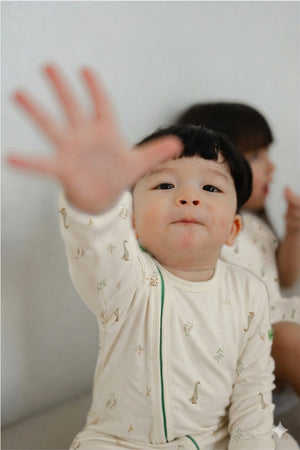 Hamako Tencel Jippa Suit in Nest — zip-front baby sleepsuit