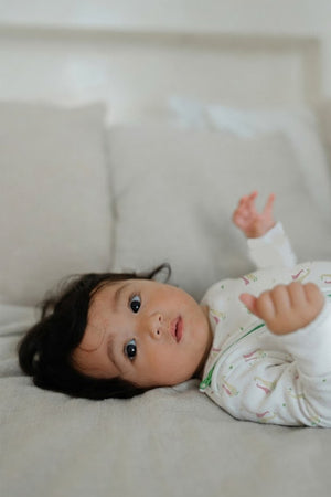 Hamako Tencel Jippa Suit in Rose Goose — zip-front baby sleepsuit