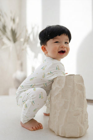 Hamako Tencel Jippa Suit in Aqua Goose — zip-front baby sleepsuit