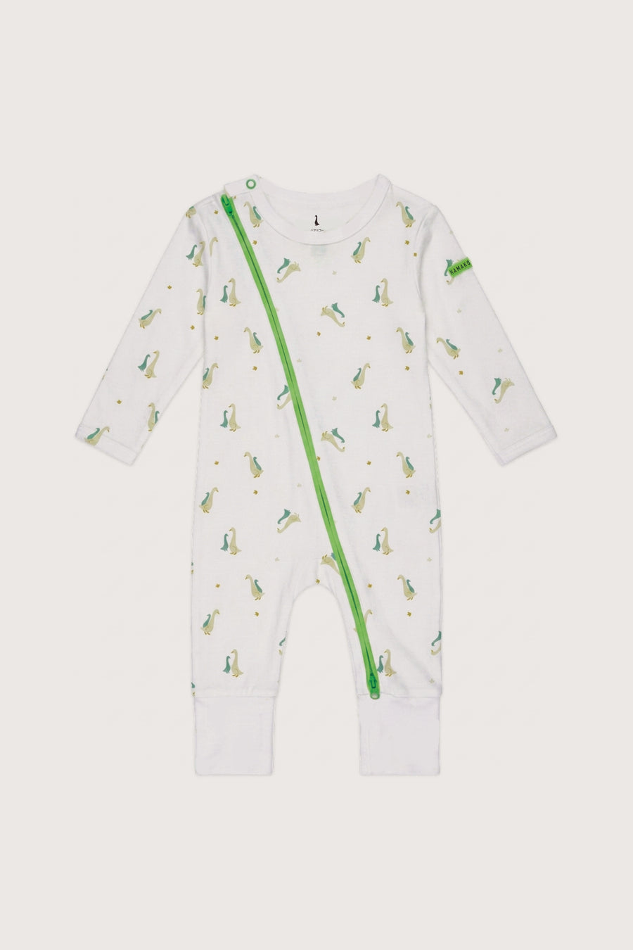 Hamako Tencel Jippa Suit in Aqua Goose — zip-front baby sleepsuit