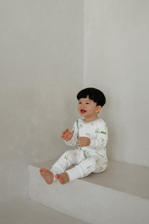 Hamako Tencel Jippa Suit in Aqua Goose — zip-front baby sleepsuit