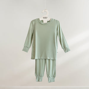 Number Twelve Bamboo Toddler Pyjamas in Pistachio, two-piece flat lay