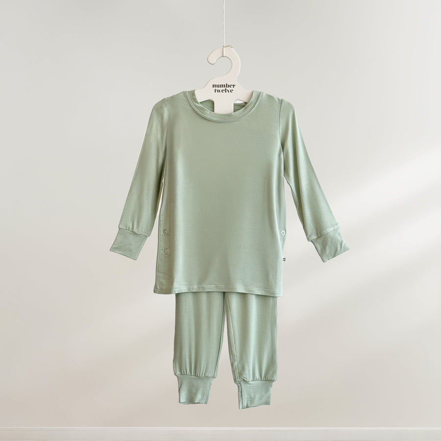 Number Twelve Bamboo Toddler Pyjamas in Pistachio, two-piece flat lay