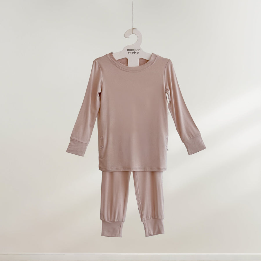 Number Twelve Bamboo Toddler Pyjamas in Bloom, two-piece flat lay