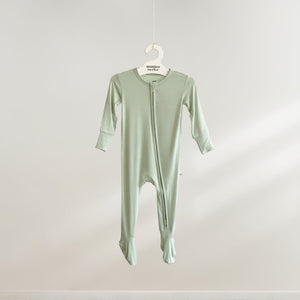 Number Twelve Bamboo Footies in Pistachio, flat lay