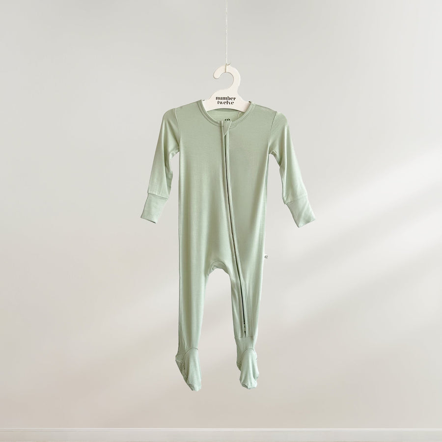 Number Twelve Bamboo Footies in Pistachio, flat lay