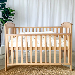 BABYHOOD CLASSIC CURVE COT (NATURAL) + BABYHOOD MY FIRST INNERSPRING MATTRESS WITH VENTS + ORGANIC FITTED SHEET (White or Drops) - lifestyle