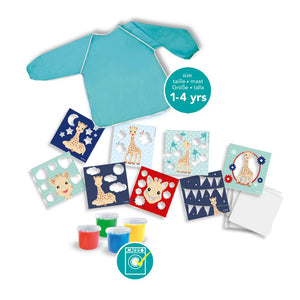 SES Creative Sophie la girafe Fingerpaint Set contents with apron and activity cards
