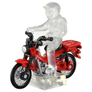 Tomica No.106 Honda CT125 Hunter Cub die-cast model, red, with clear rider figure on a display stand
