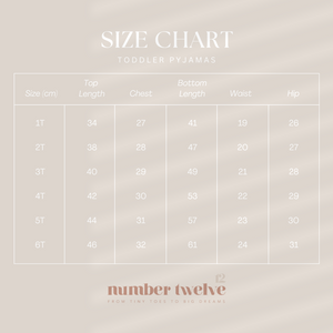 Number Twelve toddler pyjamas size chart