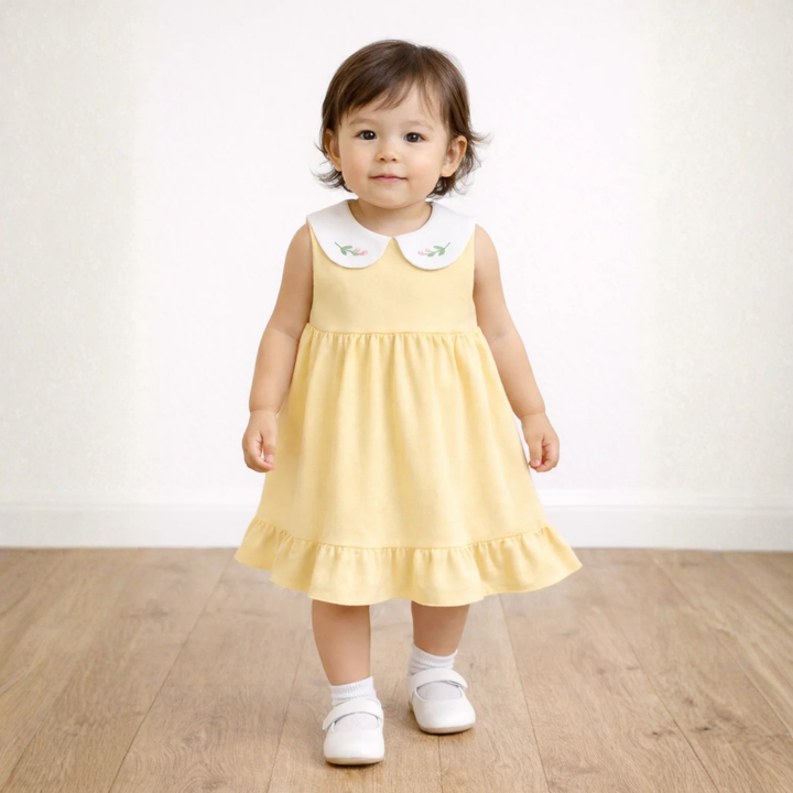 Twinkle Planet Organic Cotton Collar Sleeveless Dress - Custard Yellow