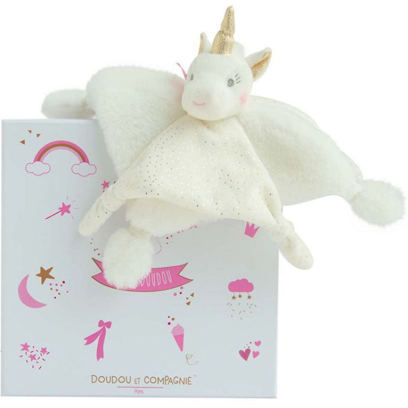 Doudou et Compagnie DC3275 white unicorn flat comforter with gold glitter horn, shown with its gift box