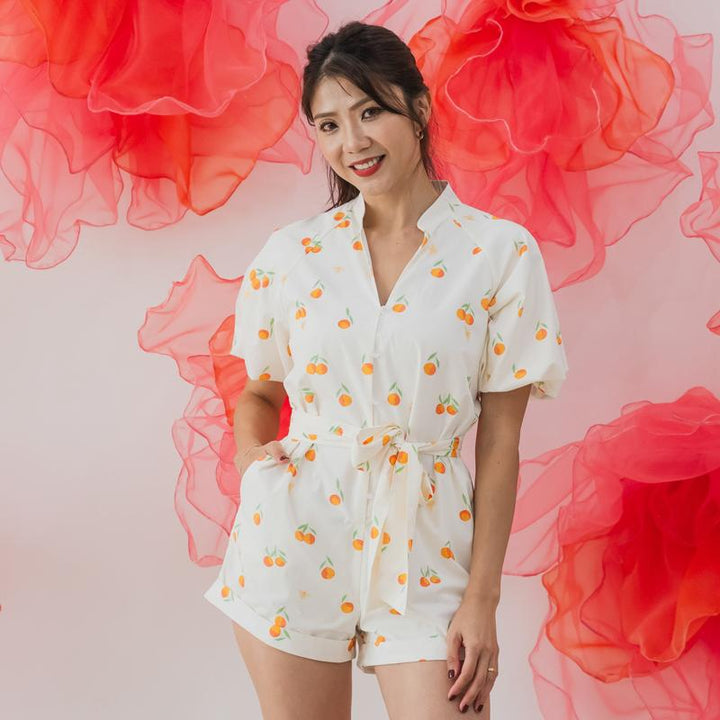 Le Petit Society Mandarin Orange Series - Ladies Romper in Classic Orange Print