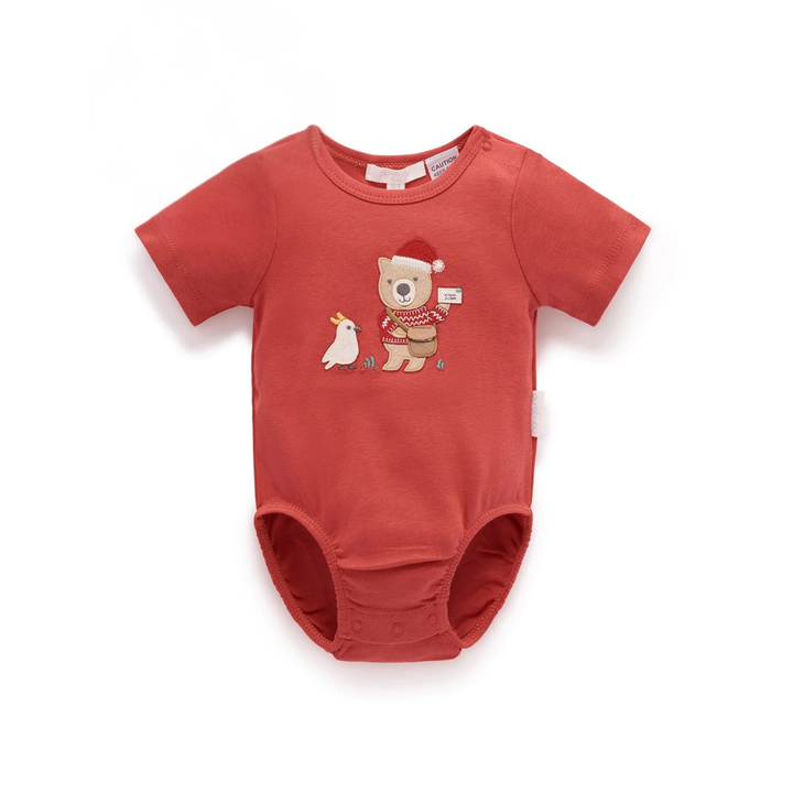 Purebaby Christmas Red Print Postie Santa Bodysuit Organic