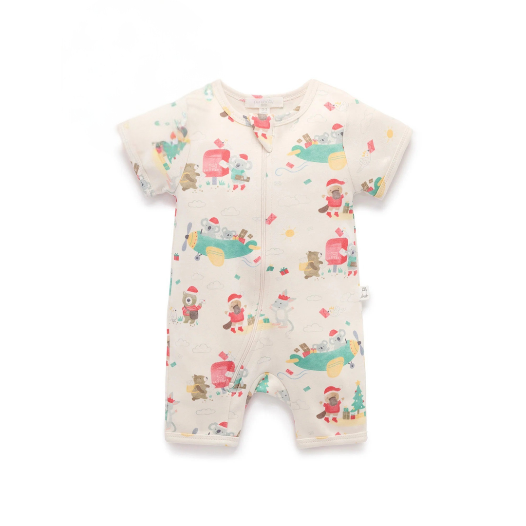 Purebaby Christmas Wishes Print Short Sleeve Zip Growsuit Organic