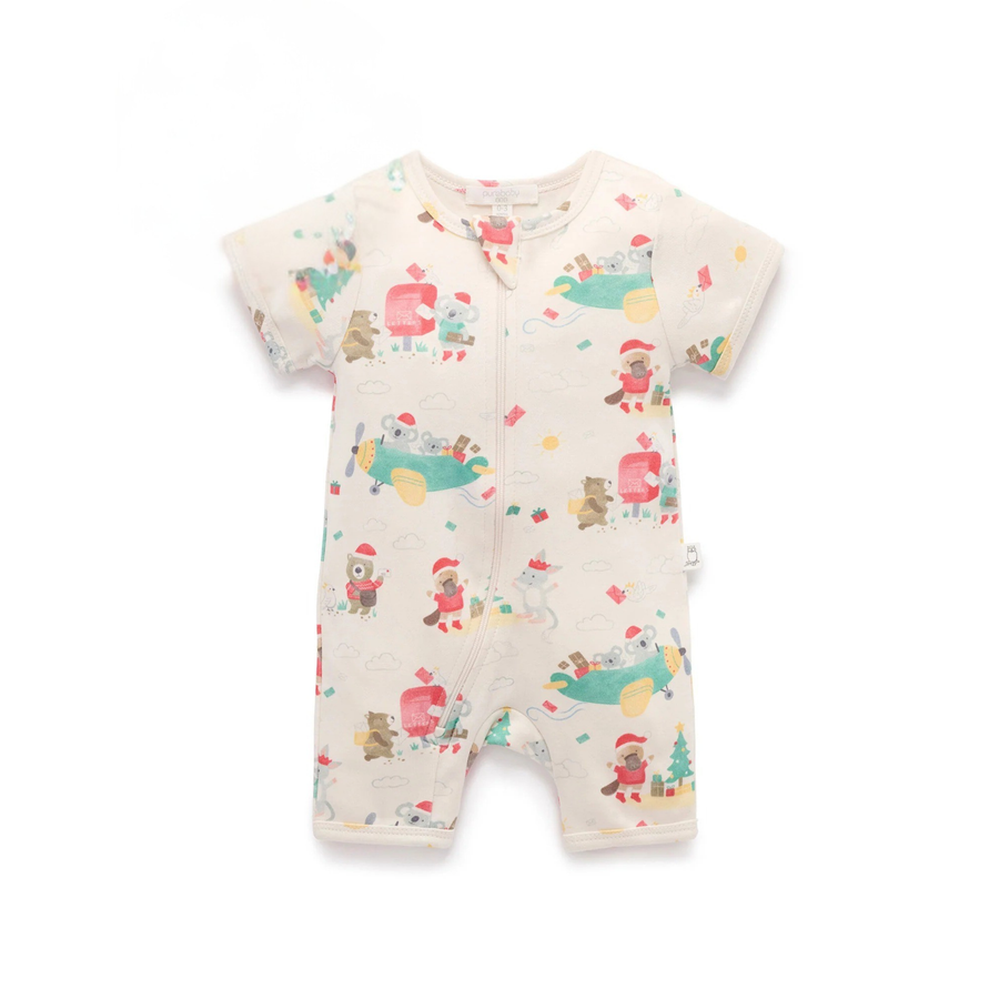 Purebaby Christmas Wishes Print Short Sleeve Zip Growsuit Organic