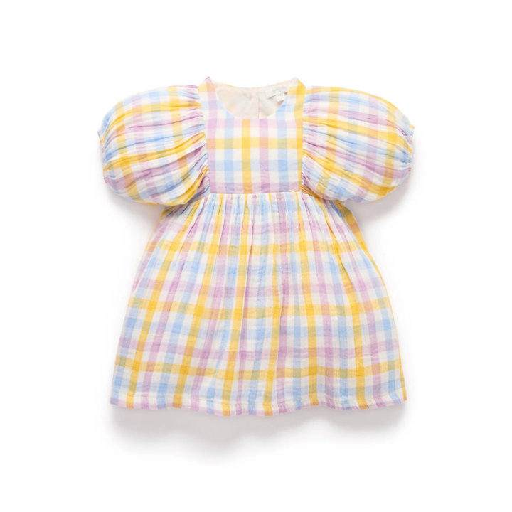 Purebaby Lila Check Print Gathered Dress Organic