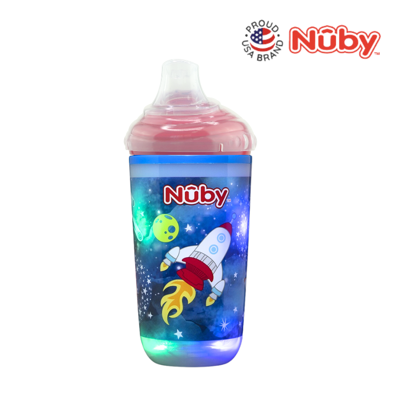 Nuby 10oz Light Up Cup with soft silicone spout, rocket print, LEDs lit in the base
