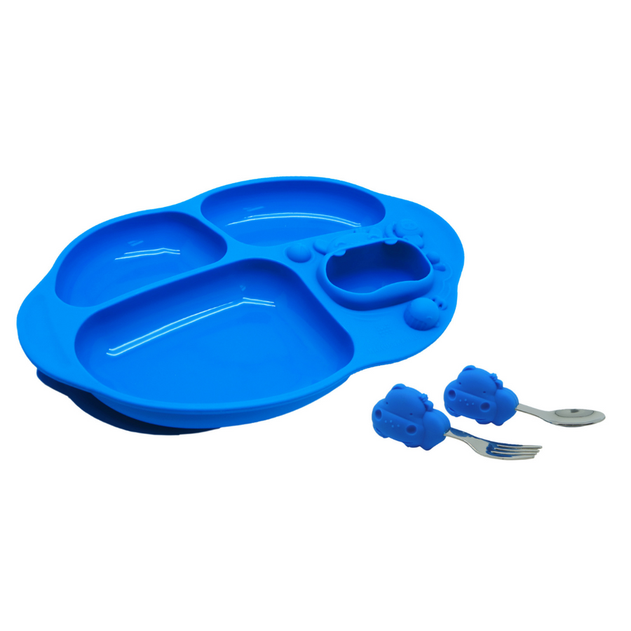 Marcus & Marcus Toddler Dining Set in blue, Lucas the Hippo, plate with palm grasp spoon and fork