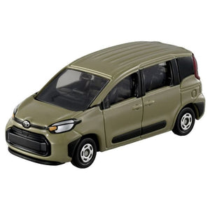 Tomica No.16 Toyota Sienta die-cast model, khaki green, side view