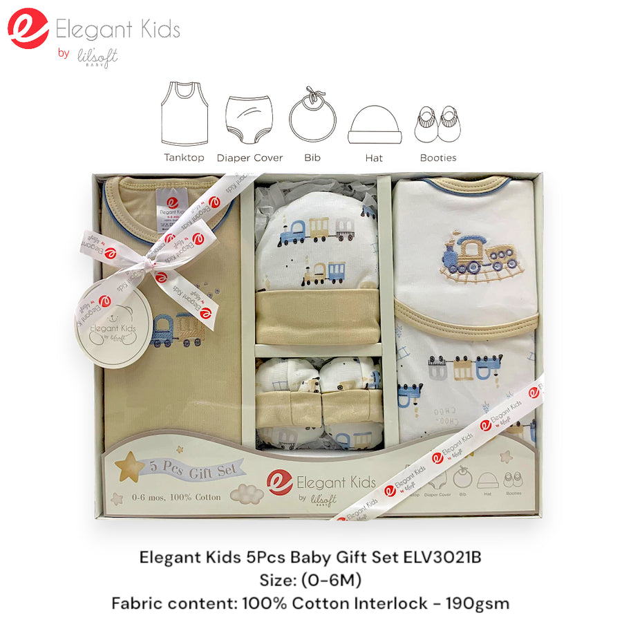 Elegant Kids 5-piece baby gift set ELV3021B, boy colourway, train print - tank top, diaper cover, bib, hat and booties in a ribboned gift box