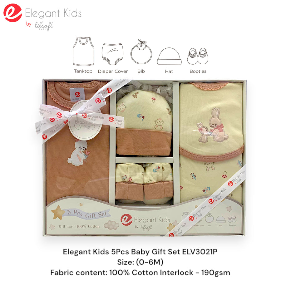 Elegant Kids 5-piece baby gift set ELV3021P, girl colourway, bunny print - tank top, diaper cover, bib, hat and booties in a ribboned gift box