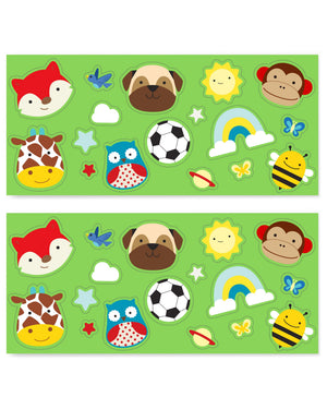 The two included sticker sheets for the green Skip Hop canteen bottle