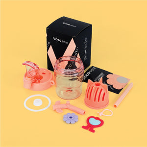 COCO SMILE 550ml flower cup Pink shown with lid, straw, strainer and box