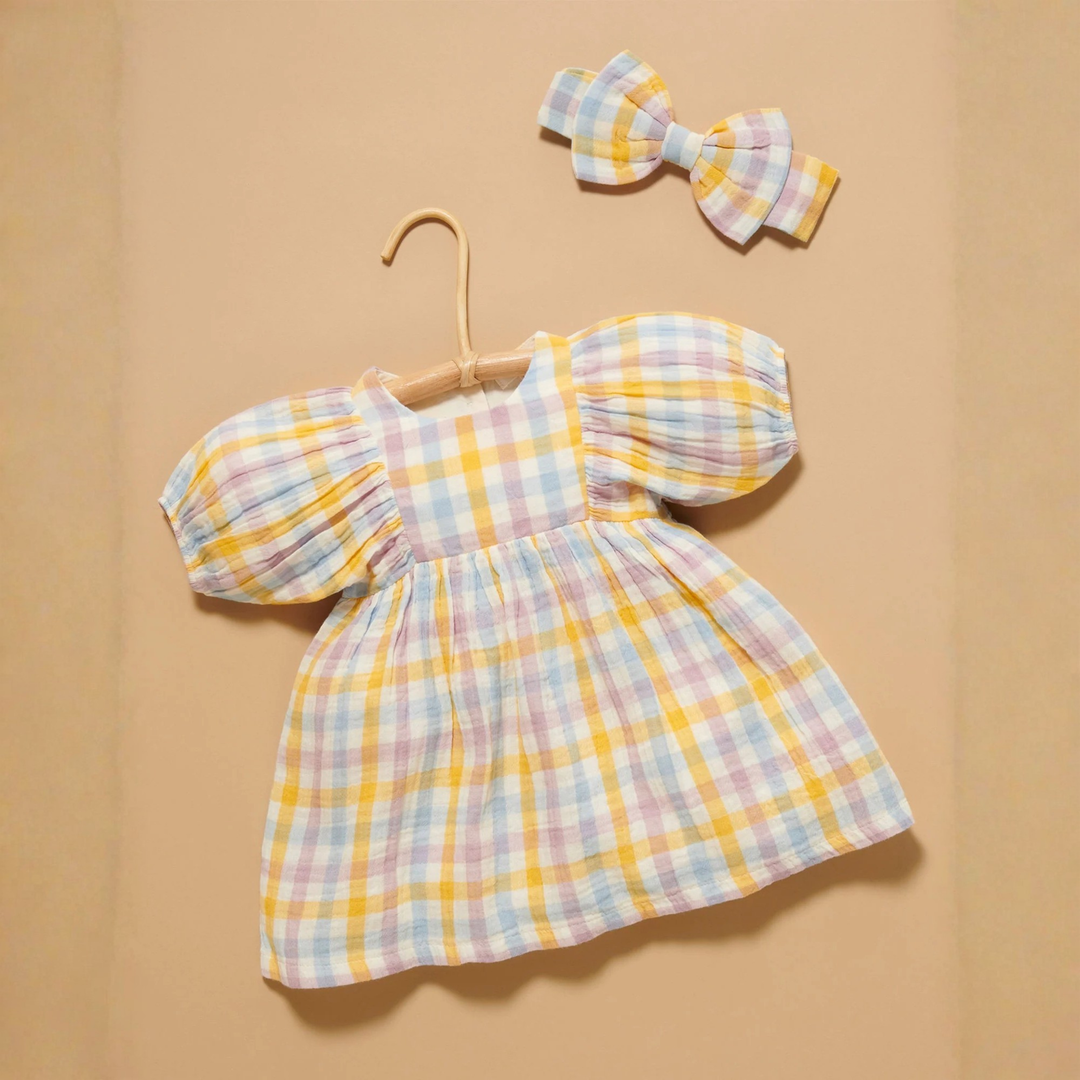 Purebaby Lila Check Print Gathered Dress Organic
