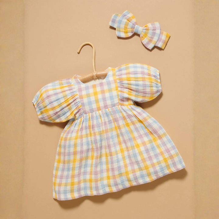 Purebaby Lila Check Print Gathered Dress Organic