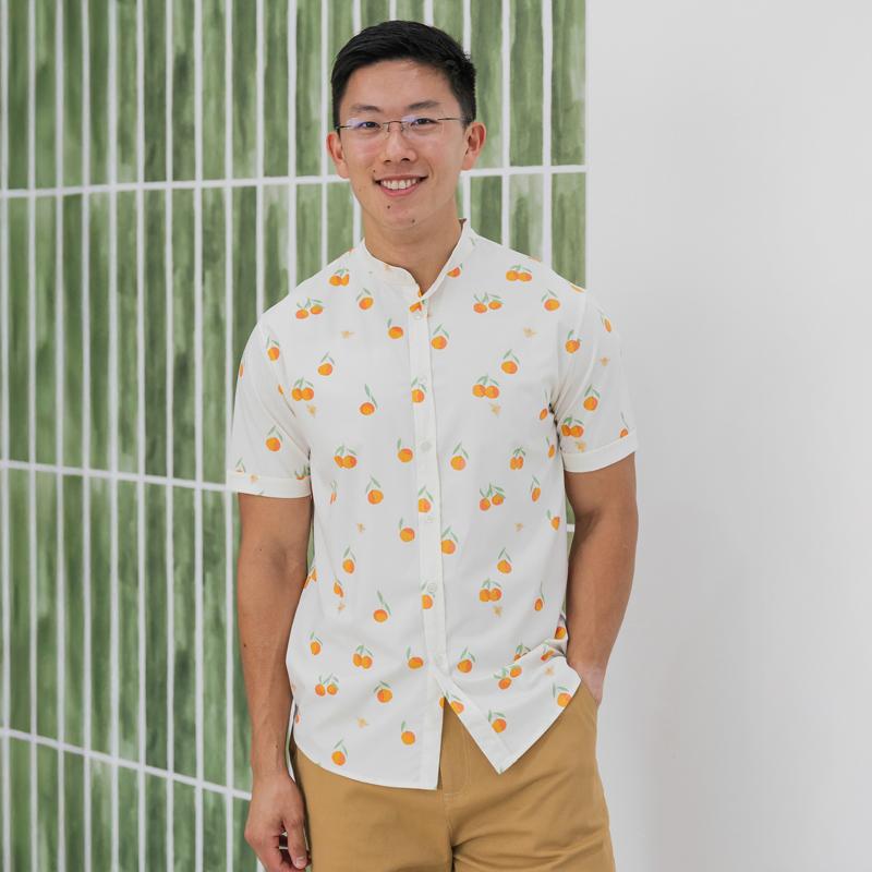 Le Petit Society Mandarin Orange Series - Men's Mandarin Shirt in Classic Orange Print (Classic Fit)