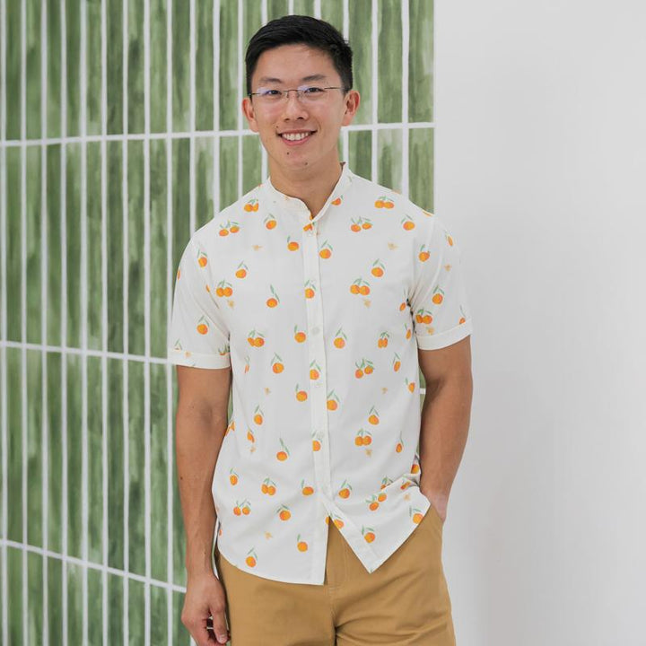 Le Petit Society Mandarin Orange Series - Men's Mandarin Shirt in Classic Orange Print (Classic Fit)